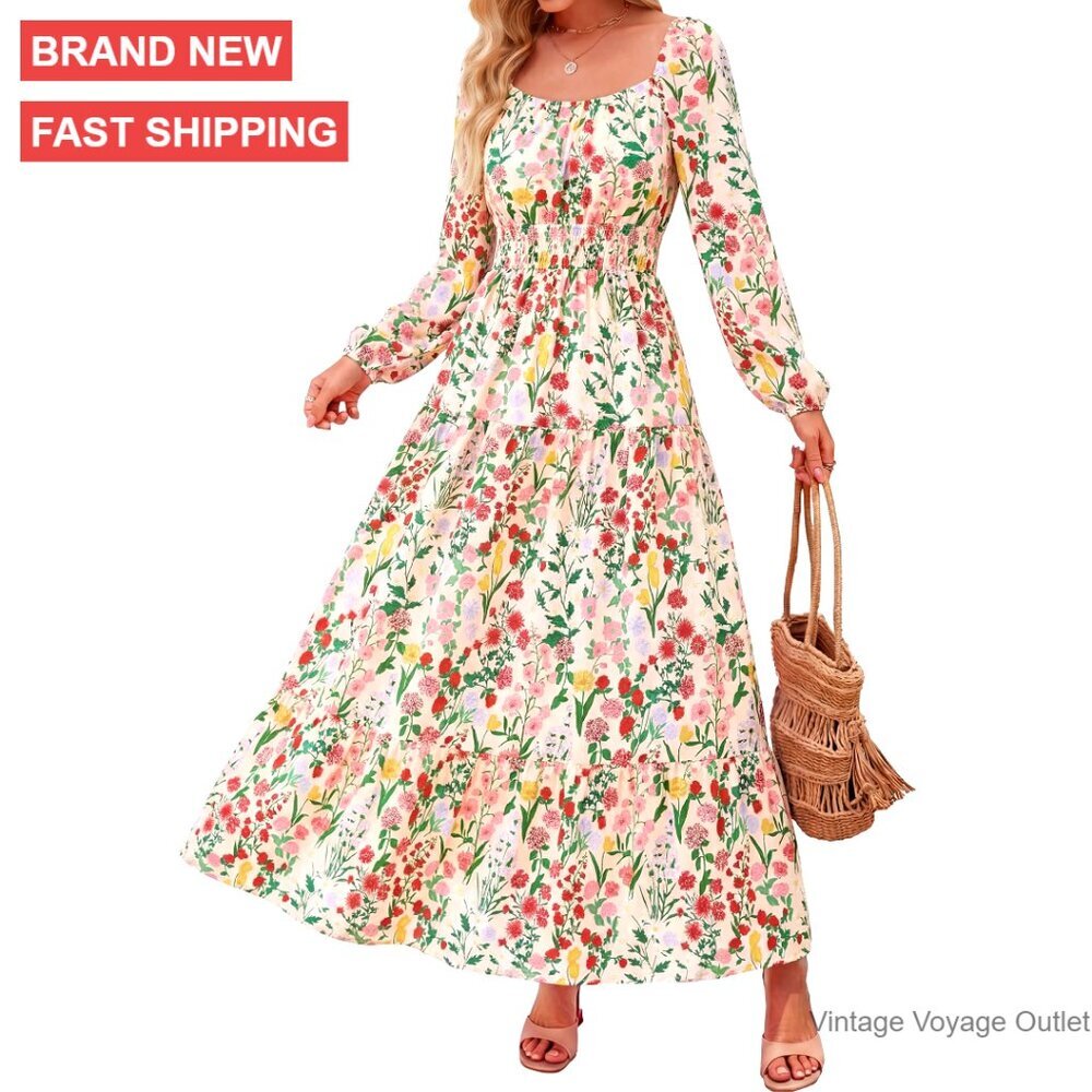 Long Sleeve Maxi Dress Square Neck Flowy Boho Wedding Guest Casual
